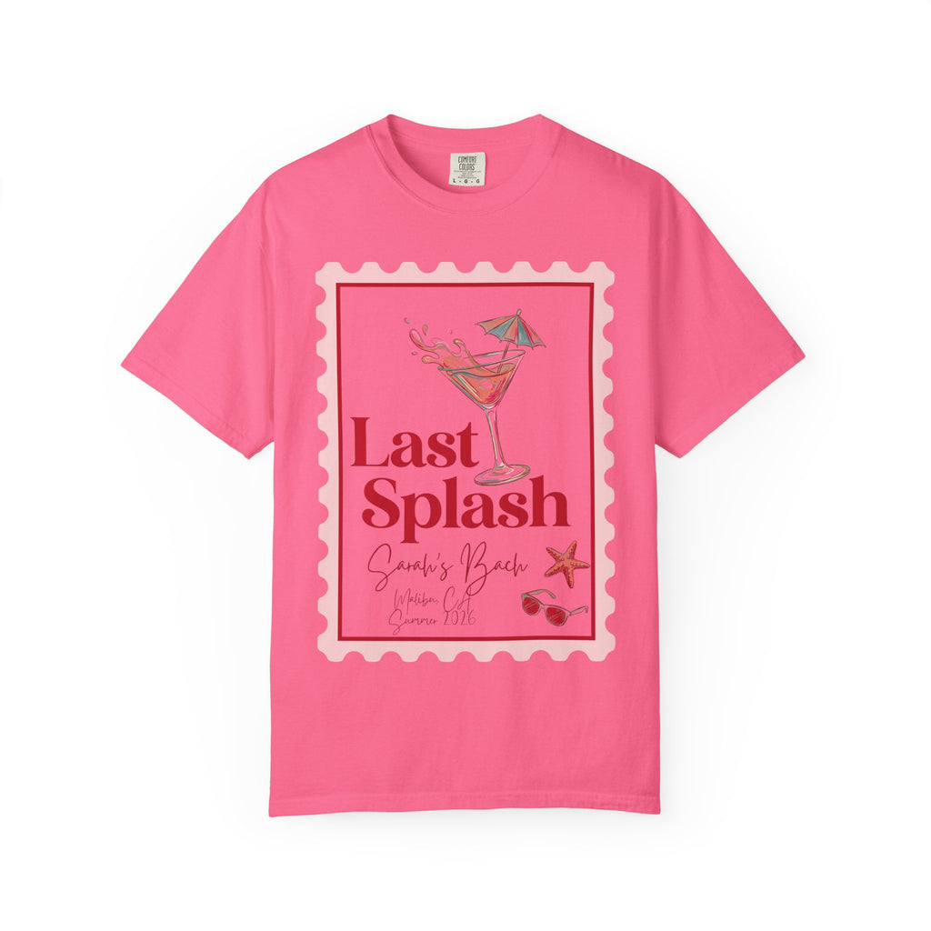 Pink t-shirt with "Last Splash Sarah's Bach" cocktail graphic.