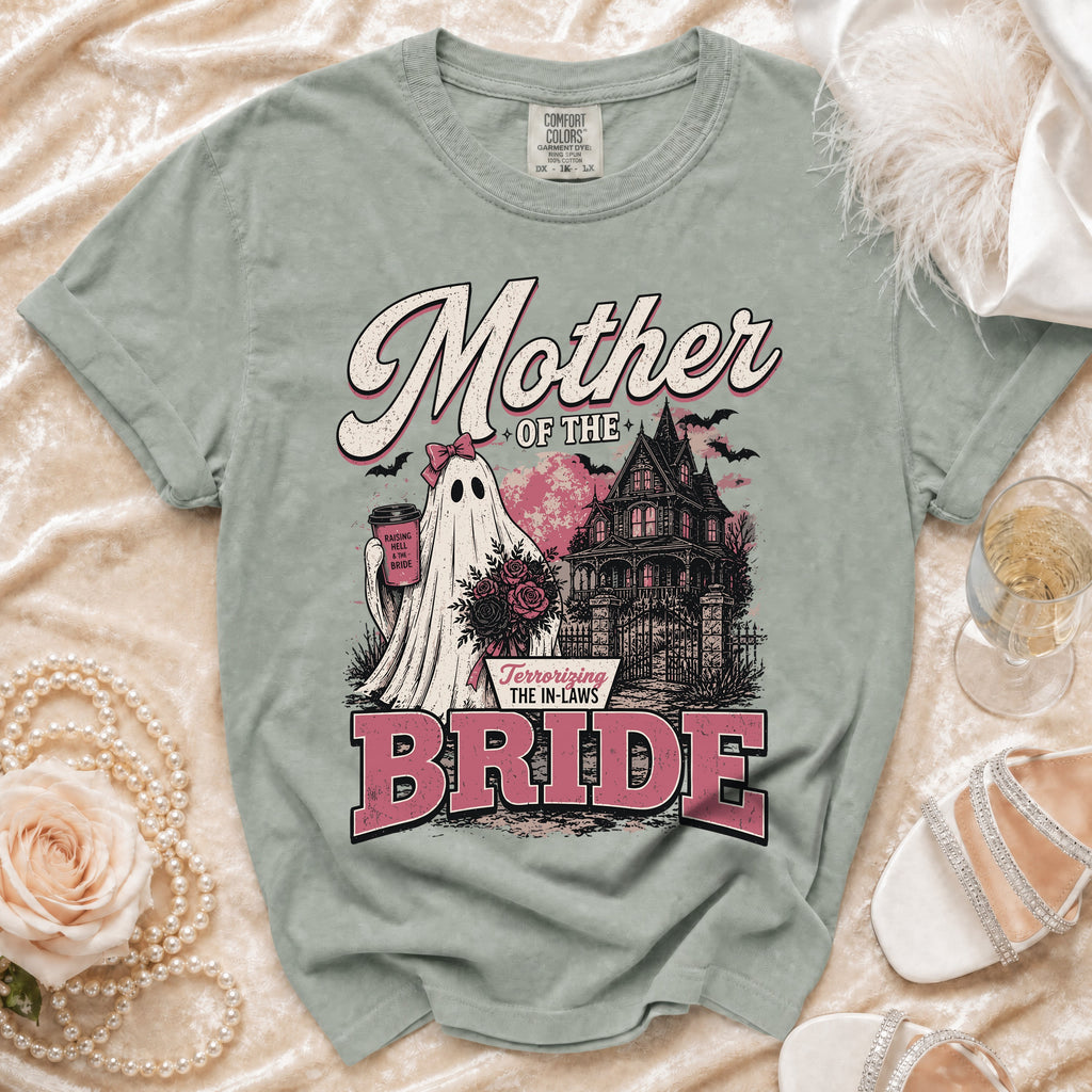 Green t-shirt with "Mother of the Bride" graphic featuring a ghost, haunted house, and roses.