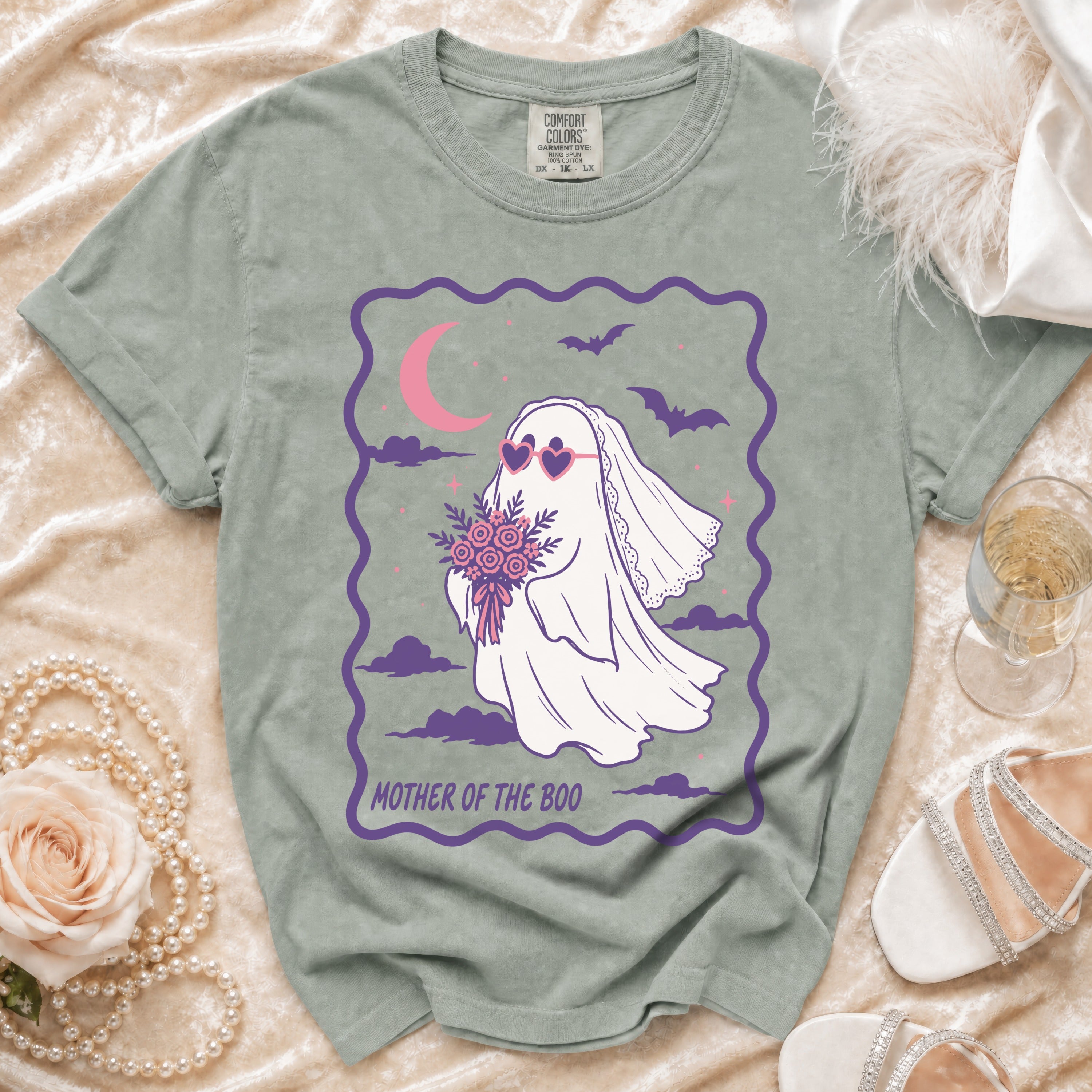 T-shirt with a ghost bride illustration and the text "Mother of the Boo".