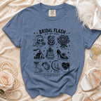 Blue t-shirt with "Bridal Flash pick your poison" and gothic bridal icons.