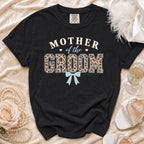 Black t-shirt with "MOTHER of the GROOM" text in leopard print and blue bow.