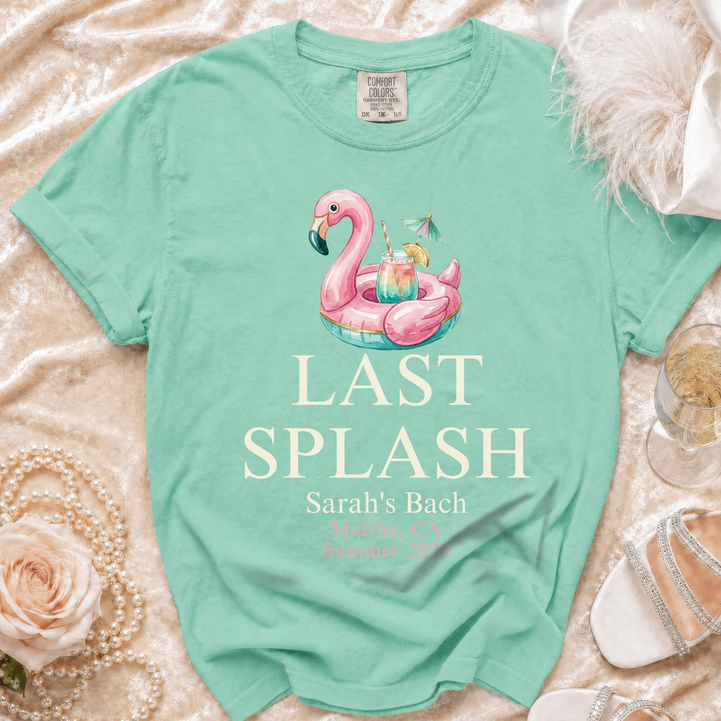 Comfort Colors teal t-shirt with "Last Splash" and flamingo float design.