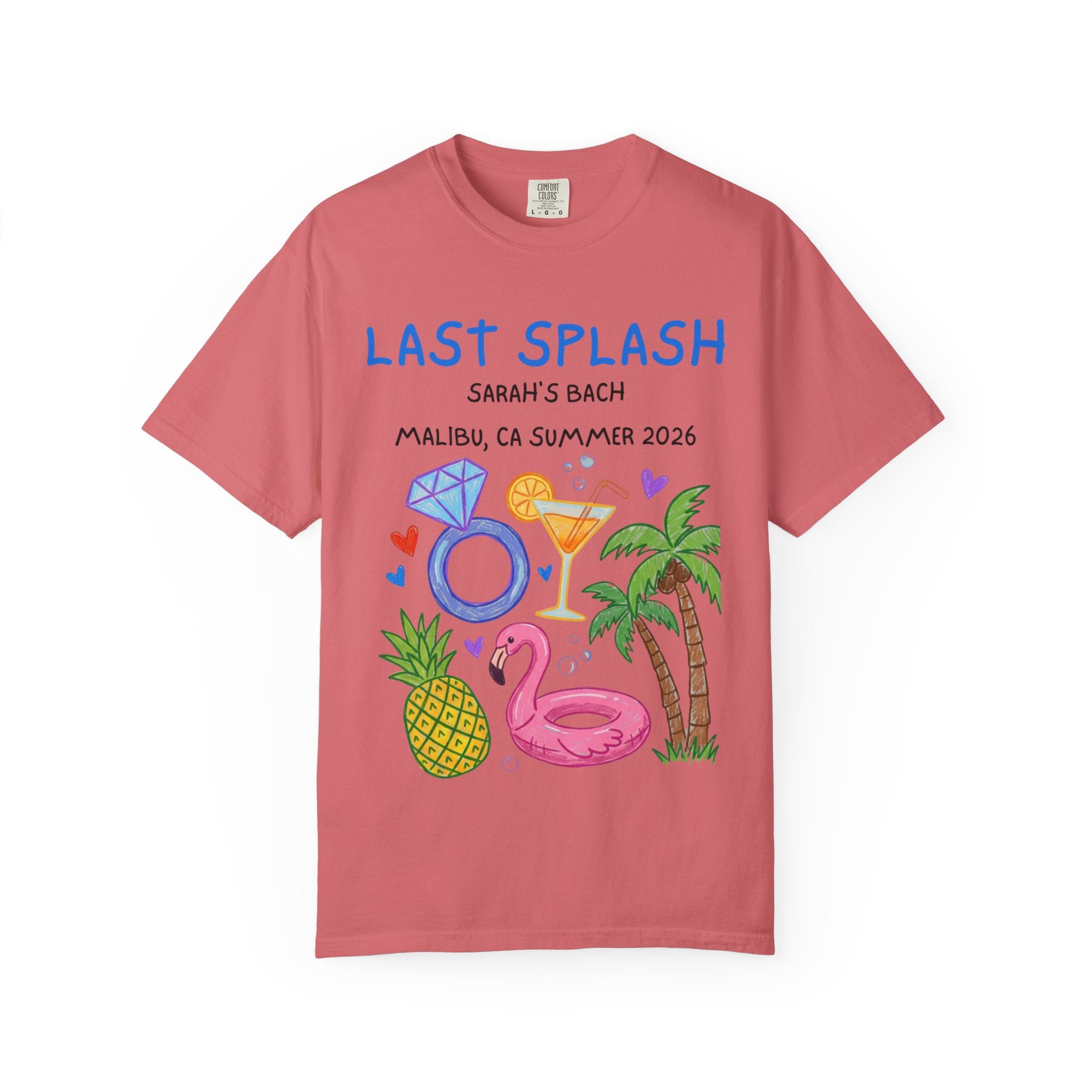 "Last Splash" text with diamond ring, flamingo float, pineapple, and palm trees.