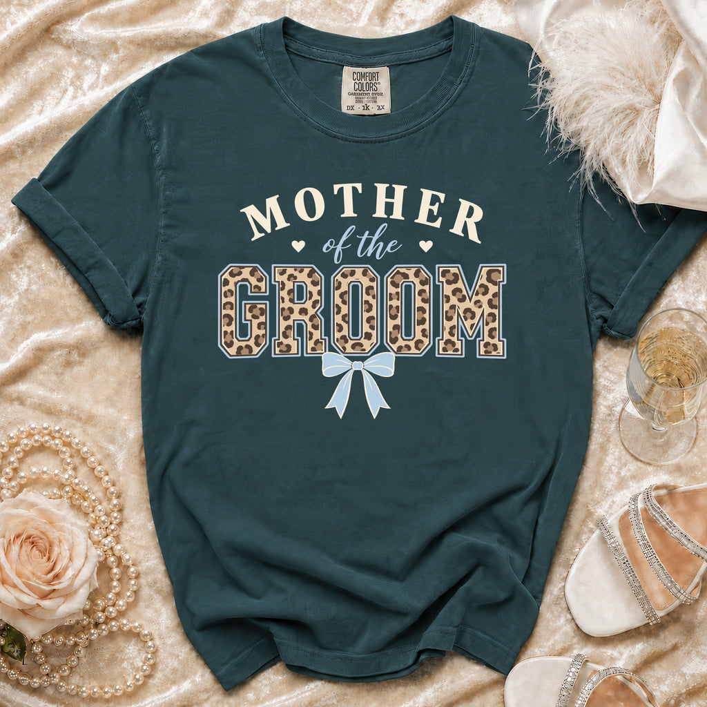 Teal t-shirt with "Mother of the Groom" text and leopard print.