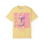 Yellow t-shirt with "Her Last Rodeo" text and pink cowboy boot graphic.