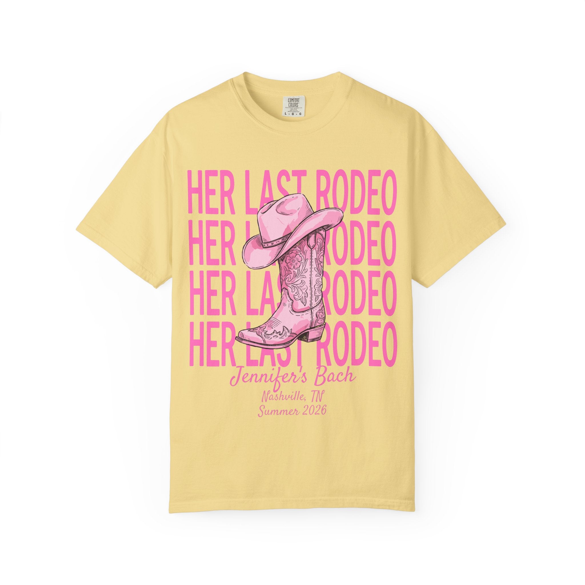 Yellow t-shirt with "Her Last Rodeo" text and pink cowboy boot graphic.