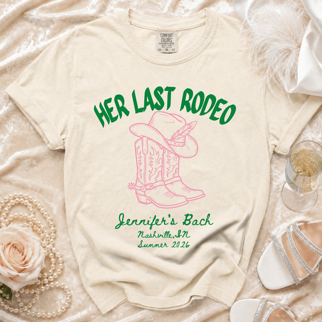 T-shirt with "Her Last Rodeo" and "Jennifer's Bach" for Nashville, IN Summer 2026.
