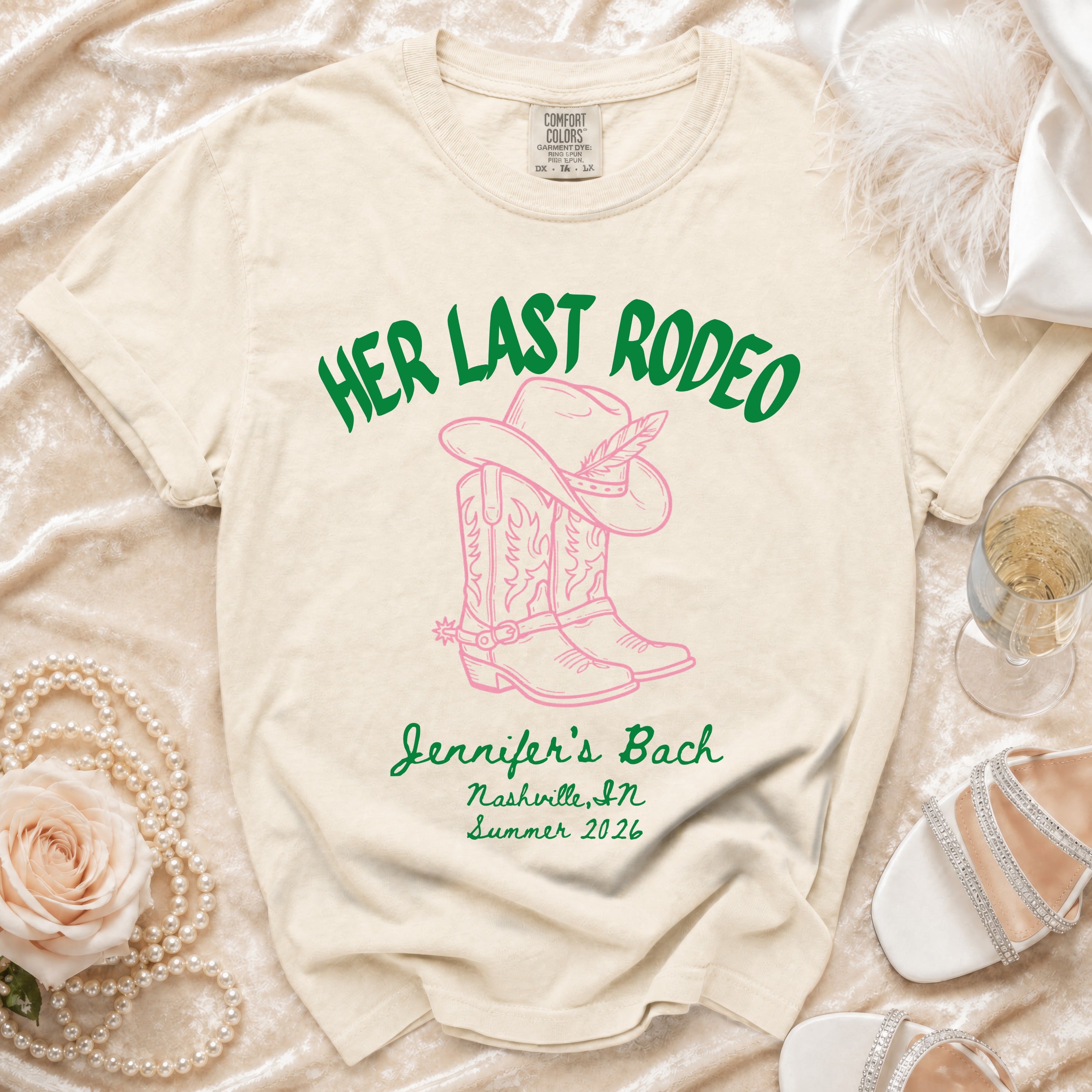 T-shirt with "Her Last Rodeo" and "Jennifer's Bach" for Nashville, IN Summer 2026.