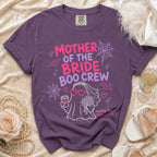 Purple t-shirt with "Mother of the Bride Boo Crew" graphic and ghost bride illustration.