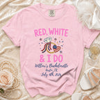 Pink t-shirt with "Red, White & I Do Willow's Bachelorette Austin, TX July 4th, 2026" text.