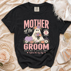 Black t-shirt with "Mother of the Groom" text, ghost, pumpkin, and flowers.