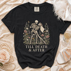 Black t-shirt with skeletons dancing and text "TILL DEATH & AFTER".
