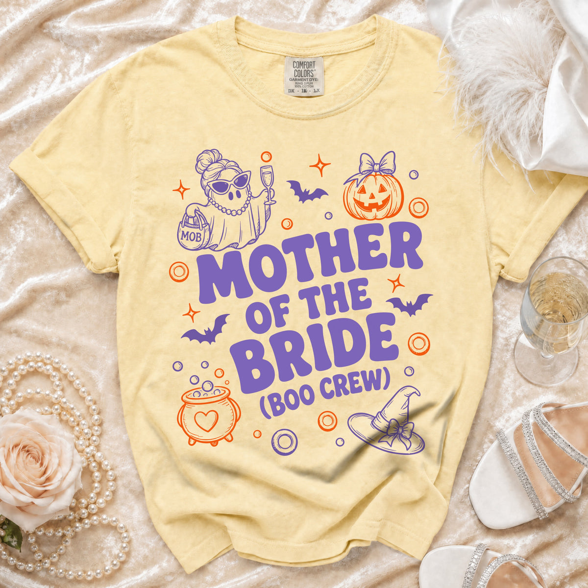 Yellow t-shirt with "Mother of the Bride (Boo Crew)" text and Halloween graphics.