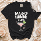 Black t-shirt with "MAID OF HONOR CLUB" and a cocktail graphic.