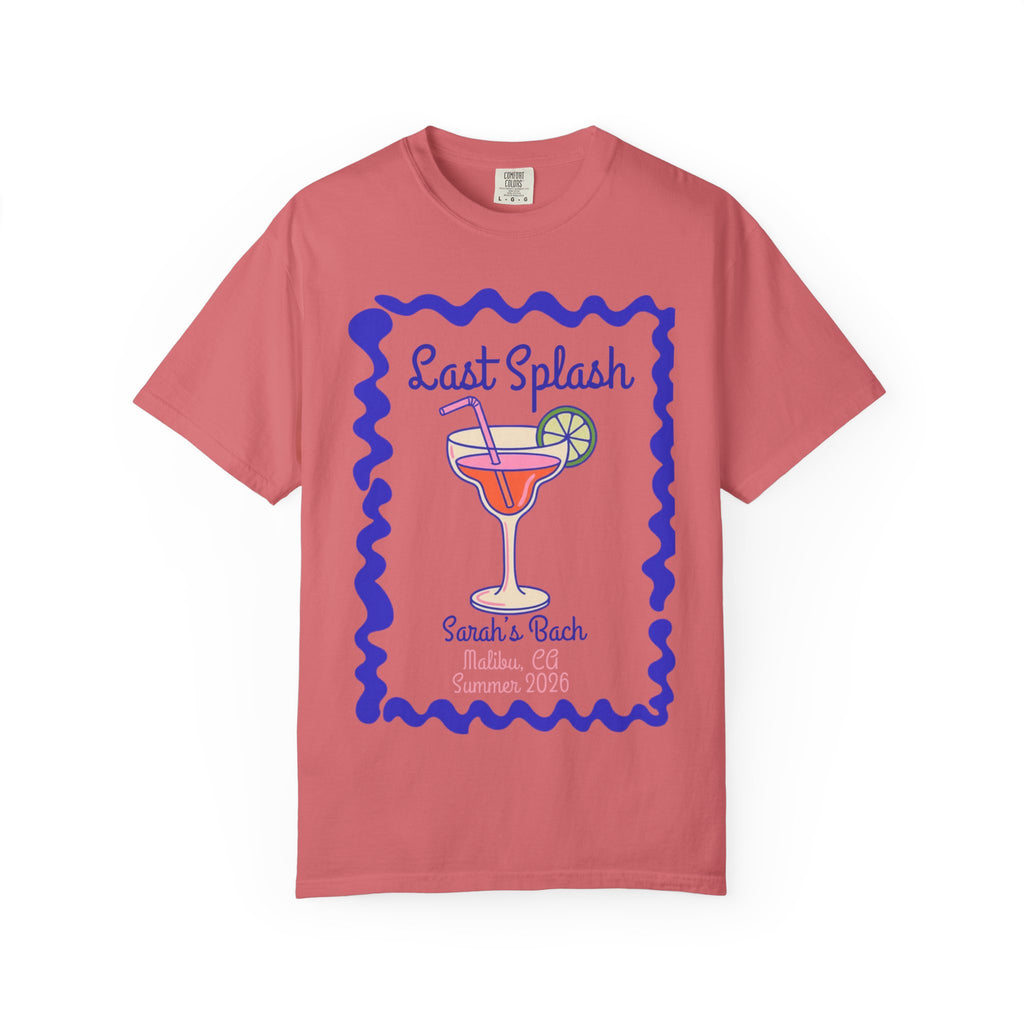 Coral t-shirt with "Last Splash" and cocktail design for Sarah's Bach, Malibu, CA 2026.