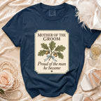 Navy t-shirt with "Mother of the Groom" and oak leaves graphic.
