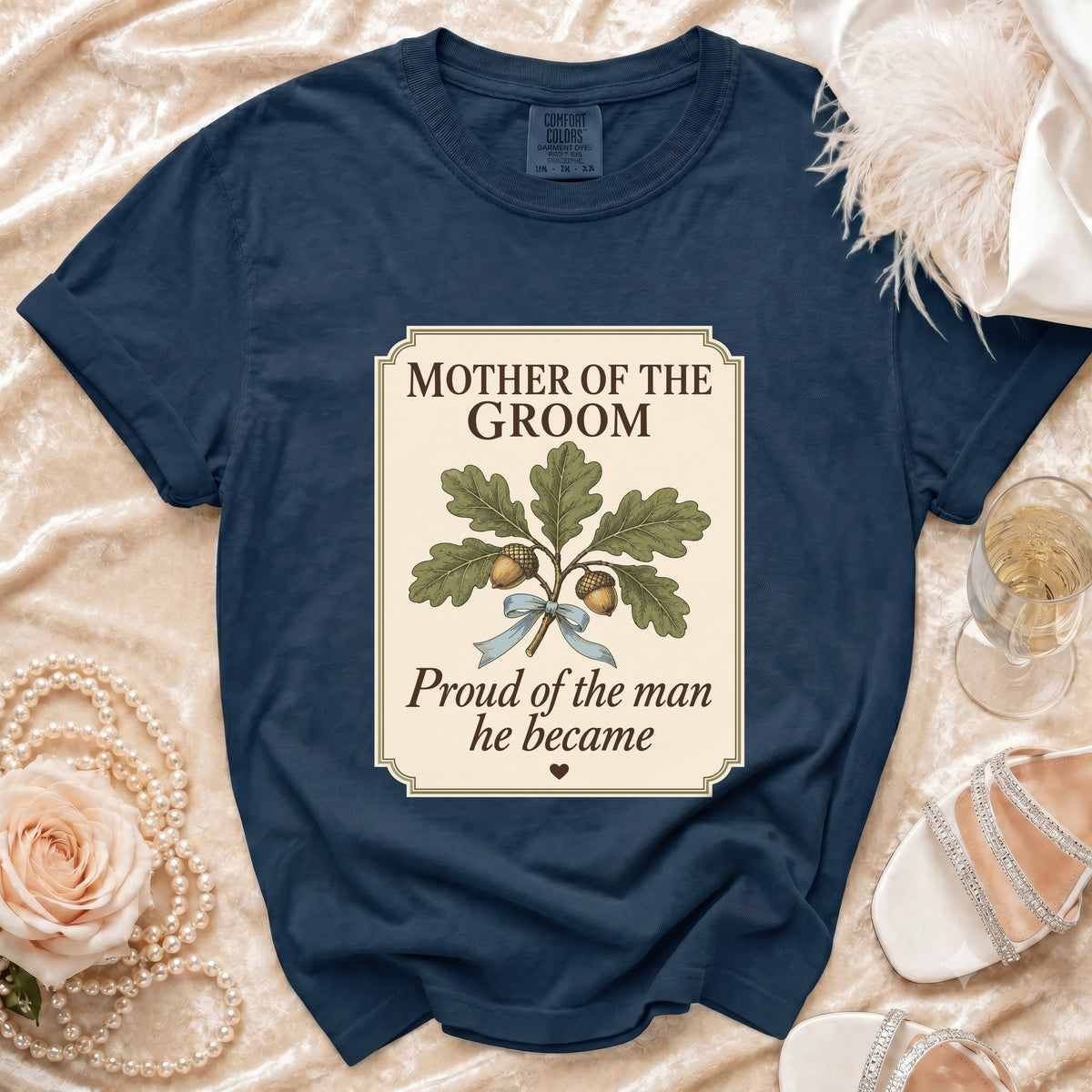 Navy t-shirt with "Mother of the Groom" and oak leaves graphic.