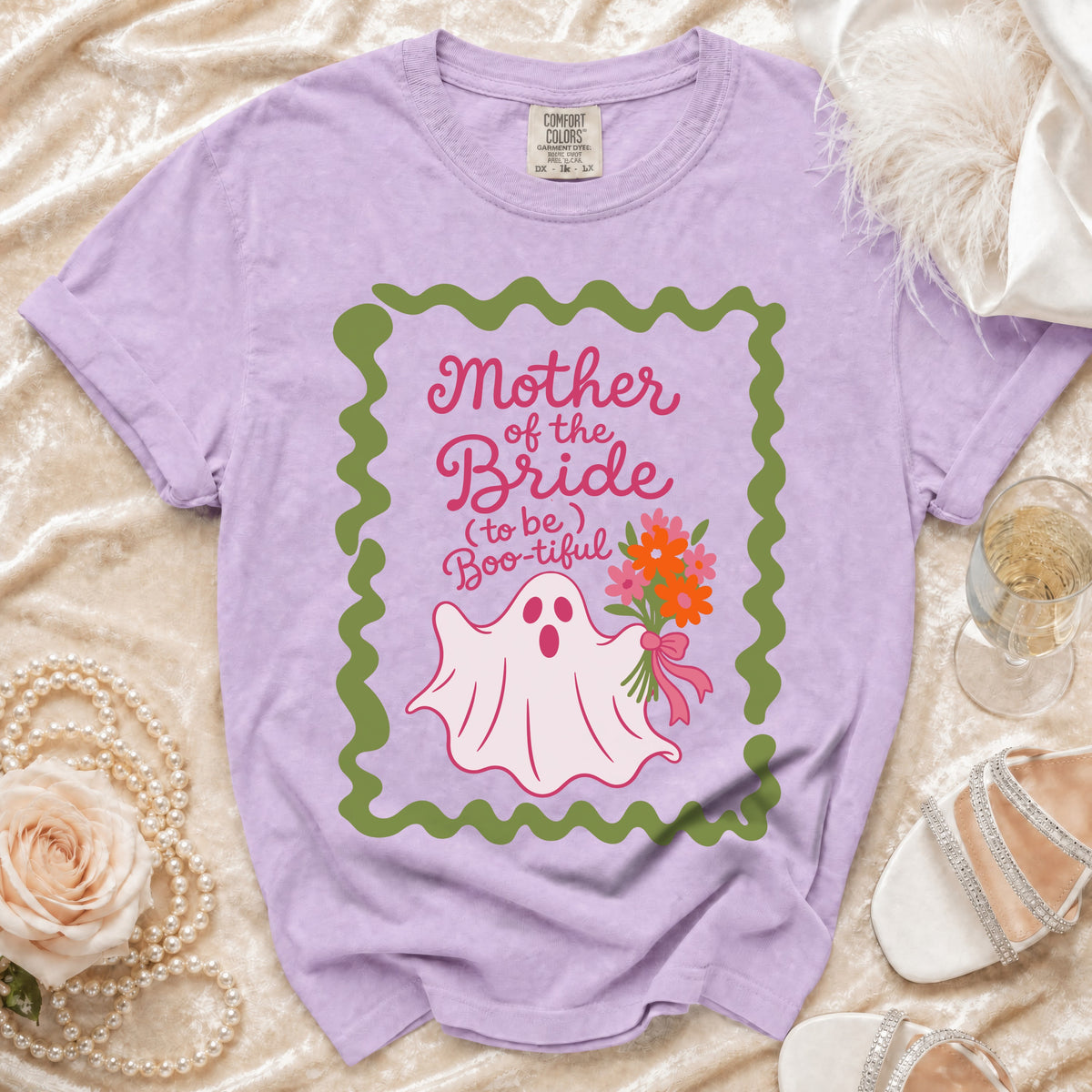Purple t-shirt with a ghost design saying "Mother of the Bride (to be) Boo-tiful".