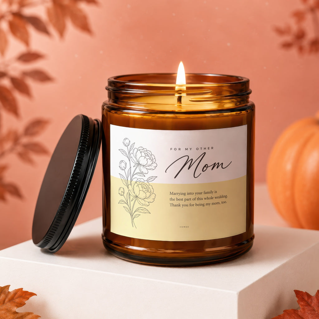 Candle for Mom with floral design and wedding message.