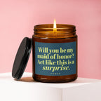 Amber jar candle with dark lid, saying "Will you be my maid of honor?"