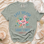 Last Splash t-shirt with flamingo, hibiscus, and text "Malibu, CA Sarah's Bach Summer 2026".