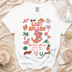 White t-shirt with "Last Splash Sarah's Bach Malibu CA Summer 2026" graphics.