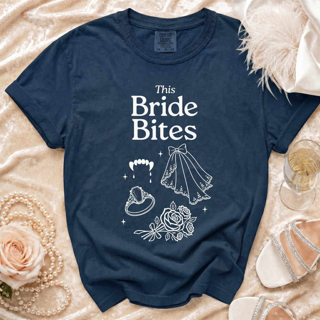 Navy t-shirt with "This Bride Bites" text and gothic wedding icons.