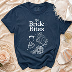 Navy t-shirt with "This Bride Bites" text and gothic wedding icons.
