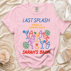 Pink t-shirt with "Last Splash Malibu, CA Summer 2026 Sarah's Bach" and tropical graphics.