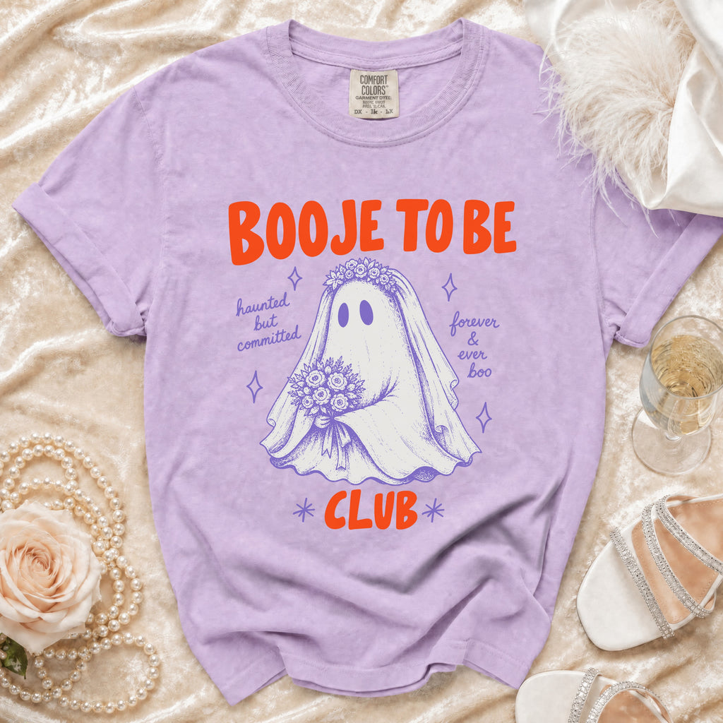 Purple t-shirt with "Booje To Be Club" graphic of a ghost bride.