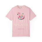 Pink t-shirt with flamingo float, "Last Splash" and "Sarah's Bach Malibu, CA Summer 2026".