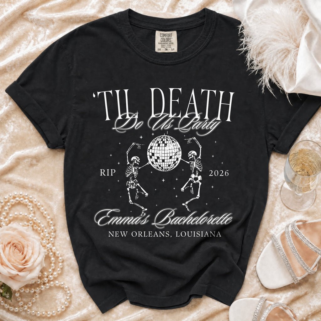 Black t-shirt with " 'Til Death Do Us Party" and skeleton graphic.