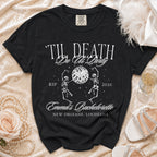 Black t-shirt with " 'Til Death Do Us Party" and skeleton graphic.