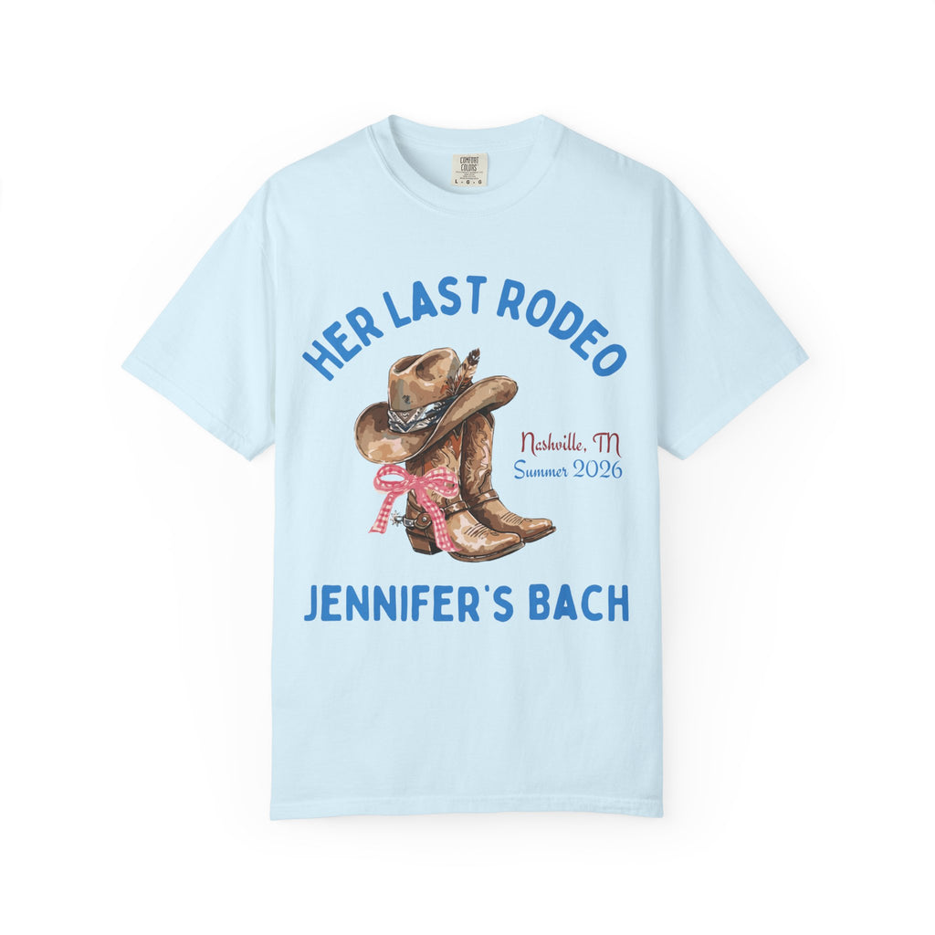 Light blue t-shirt with "Her Last Rodeo" and "Jennifer's Bach" graphics.