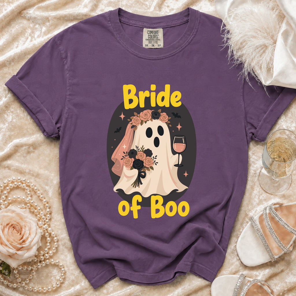 Purple t-shirt with a "Bride of Boo" ghost design holding flowers and wine.
