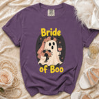 Purple t-shirt with a "Bride of Boo" ghost design holding flowers and wine.