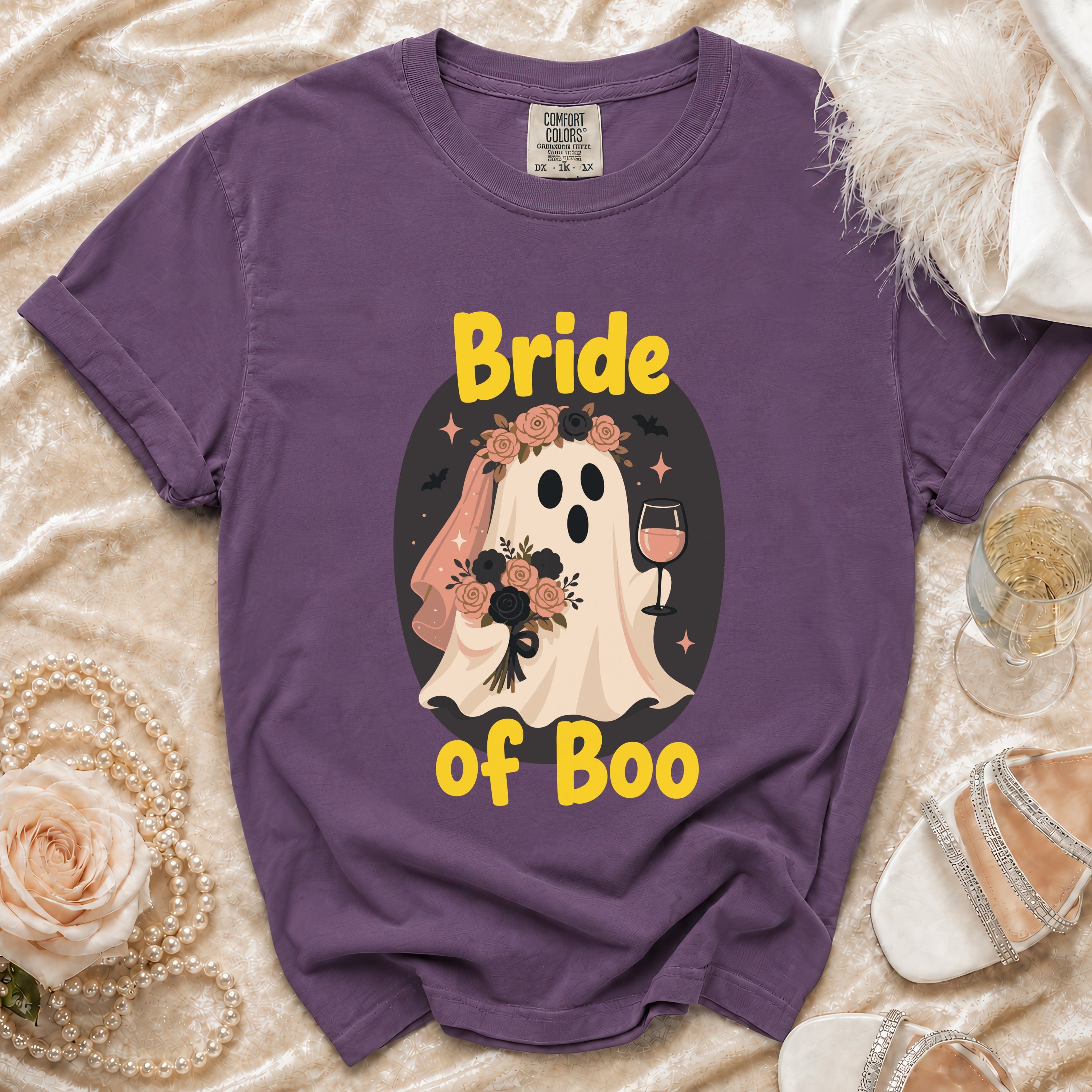 Purple t-shirt with a "Bride of Boo" ghost design holding flowers and wine.