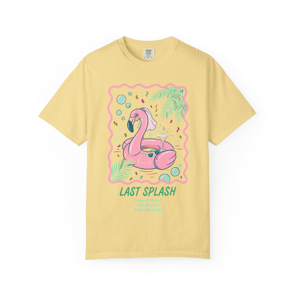 Yellow t-shirt with "Last Splash" and flamingo graphic for a bachelorette party.