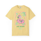 Yellow t-shirt with "Last Splash" and flamingo graphic for a bachelorette party.