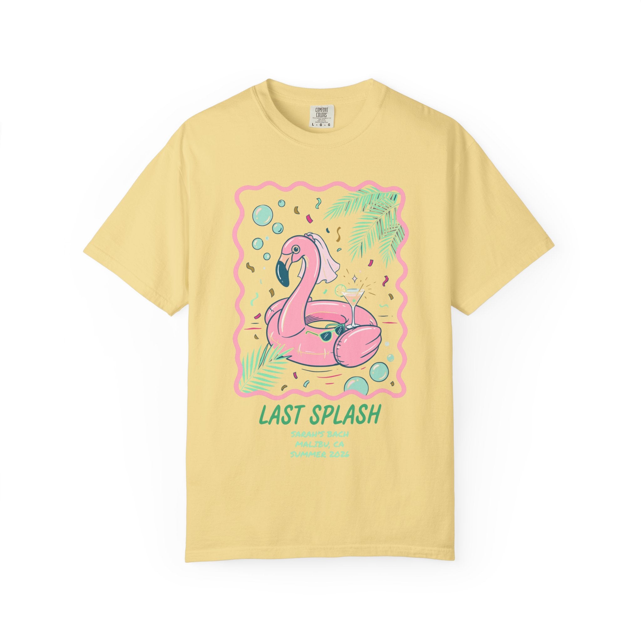 Yellow t-shirt with "Last Splash" and flamingo graphic for a bachelorette party.
