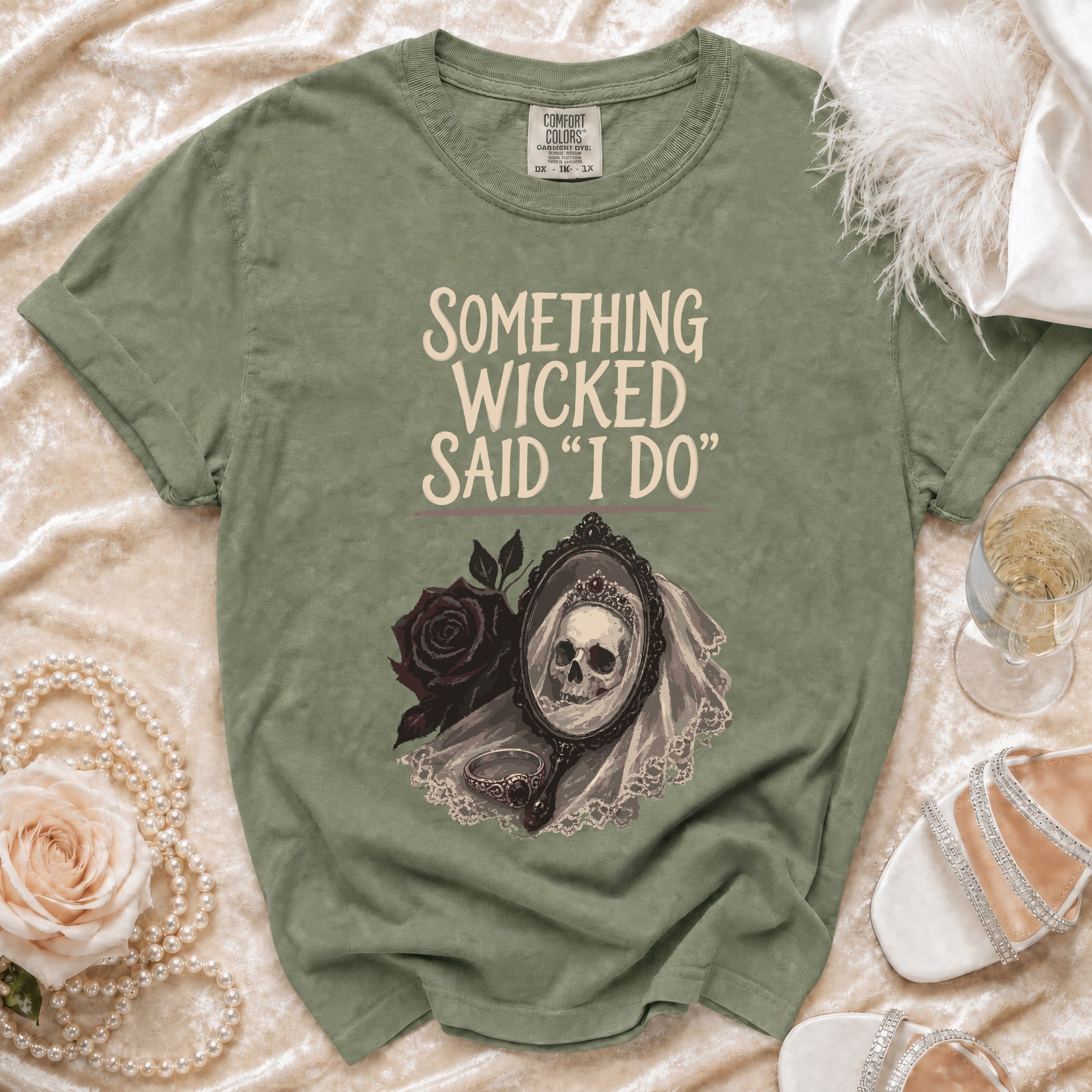 T-shirt with "SOMETHING WICKED SAID 'I DO'" text and skull reflection art.
