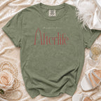 Olive green t-shirt with "Happily Ever Afterlife" printed in red text.