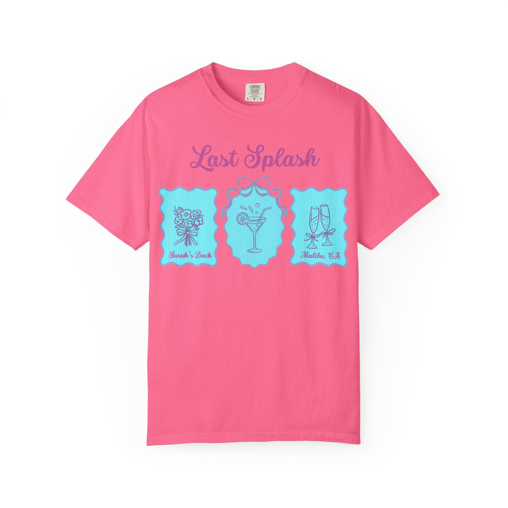 Pink t-shirt with "Last Splash" and cocktail graphics.