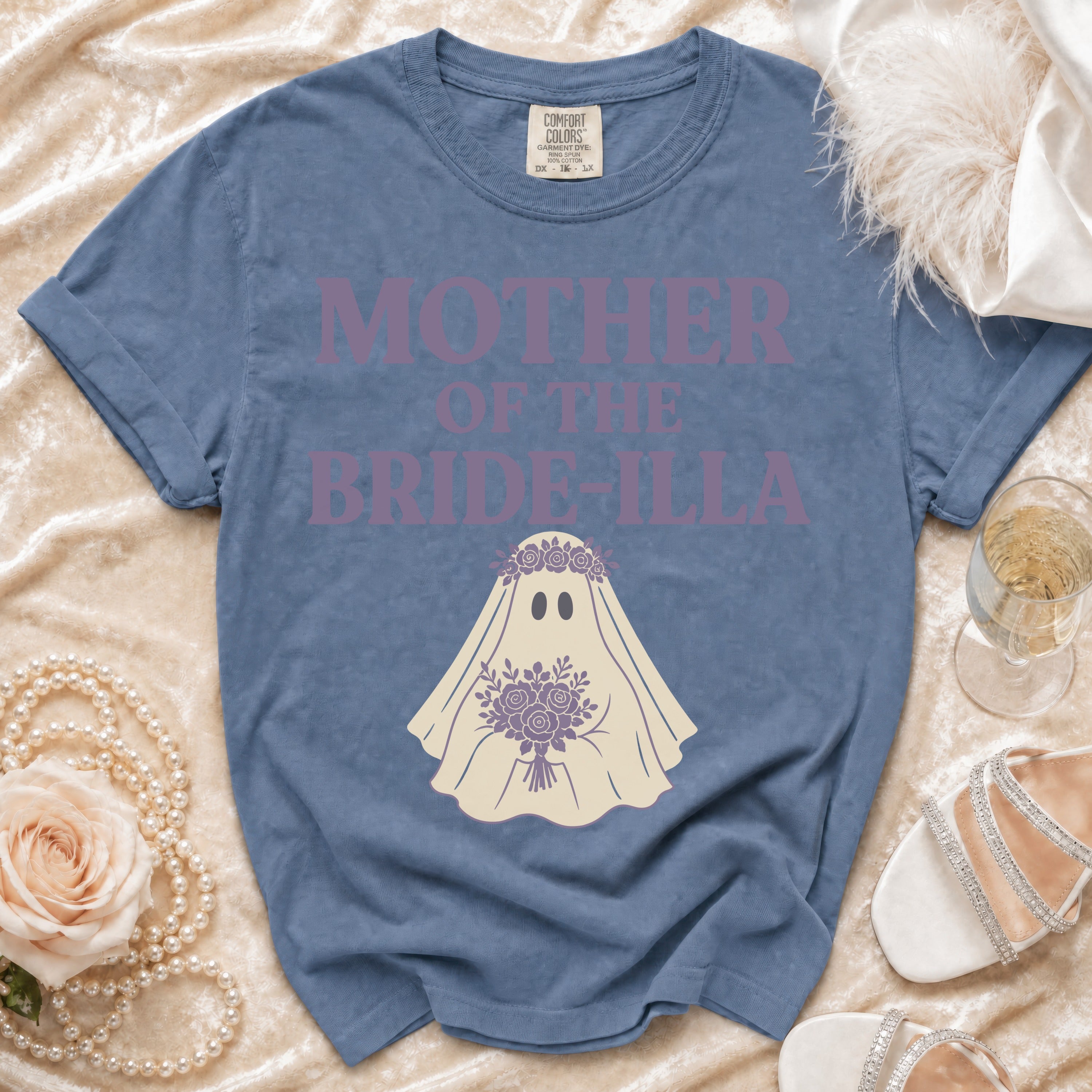 "Mother of the Bride-illa" ghost t-shirt with floral veil and bouquet.
