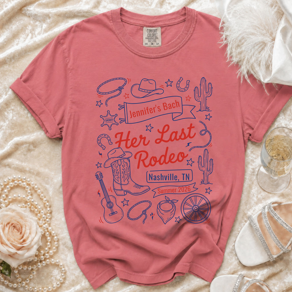 "Her Last Rodeo" t-shirt with cowboy boots, lasso, hat, and Nashville.