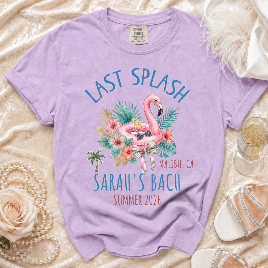 Lilac t-shirt with "Last Splash" and "Sarah's Bach" in tropical design.