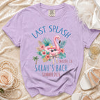 Lilac t-shirt with "Last Splash" and "Sarah's Bach" in tropical design.