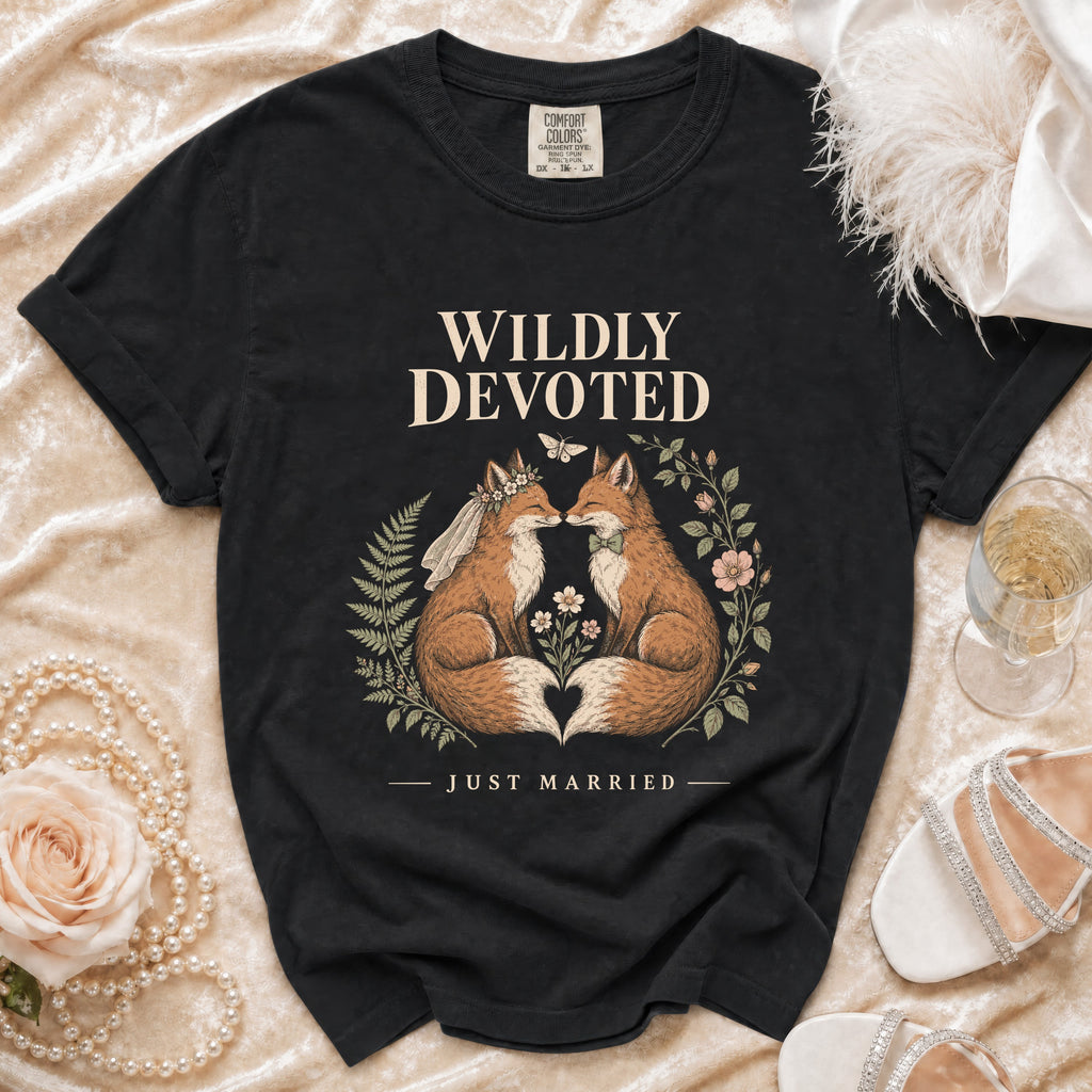 Black t-shirt with "Wildly Devoted" and foxes wearing wedding attire.