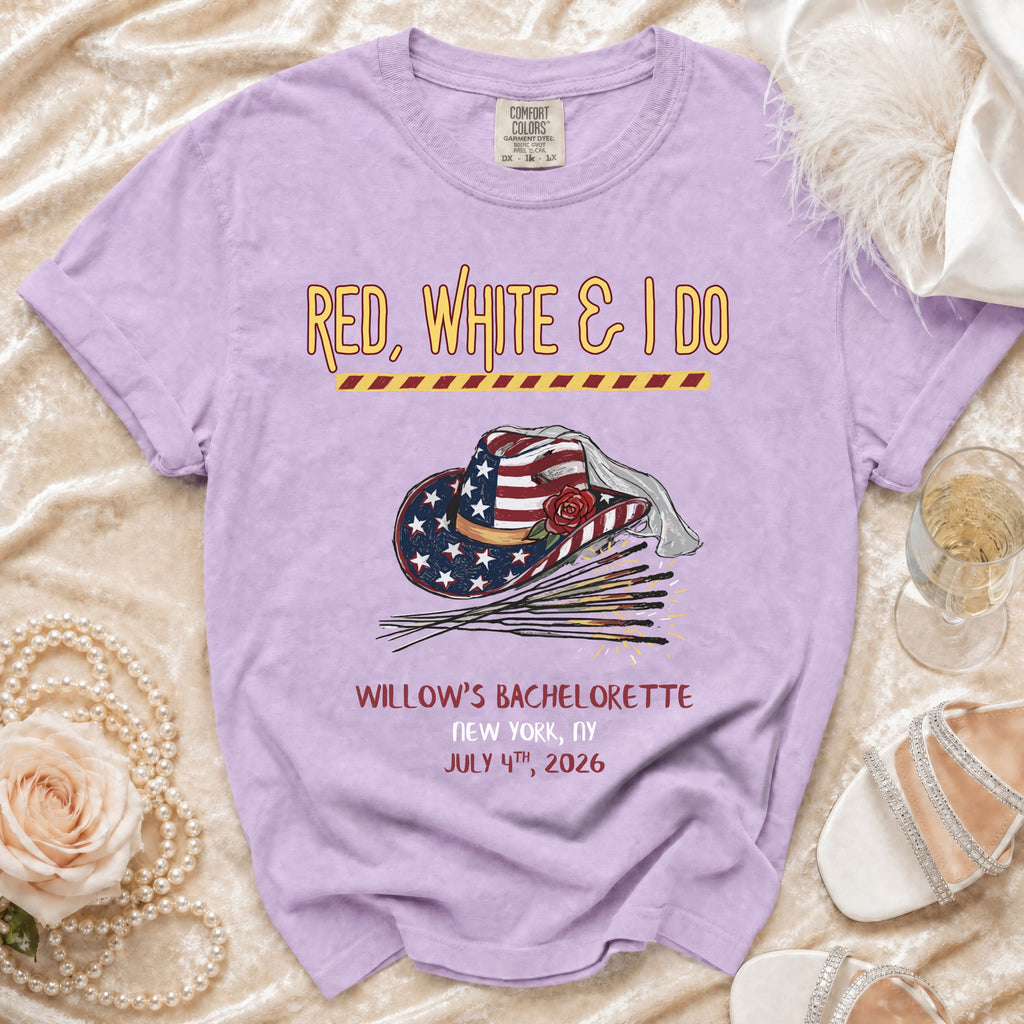 Red, white, and I do t-shirt with a cowboy hat and fireworks.