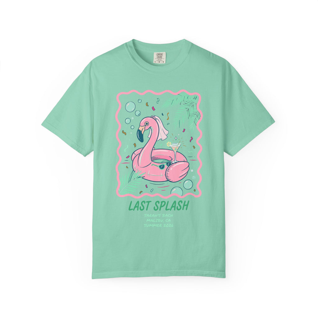 Mint t-shirt with pink flamingo float, "Last Splash" text, Sarah's Bach, Malibu, CA, Summer 2026.